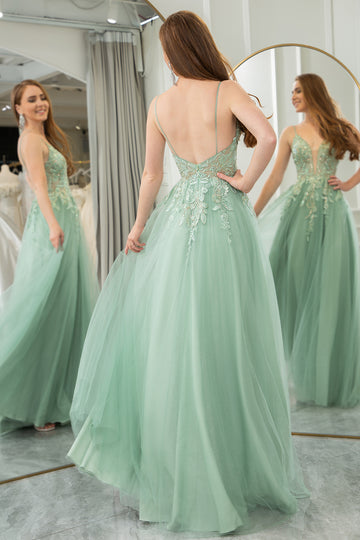 Spaghetti Straps Green A Line Tulle Prom Dress with Appliques